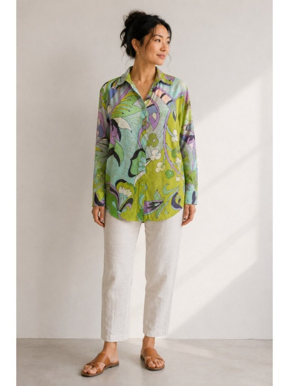 David Cline Abstract Floral Button Front Knit Blouse Women’s Large Green Blue 24